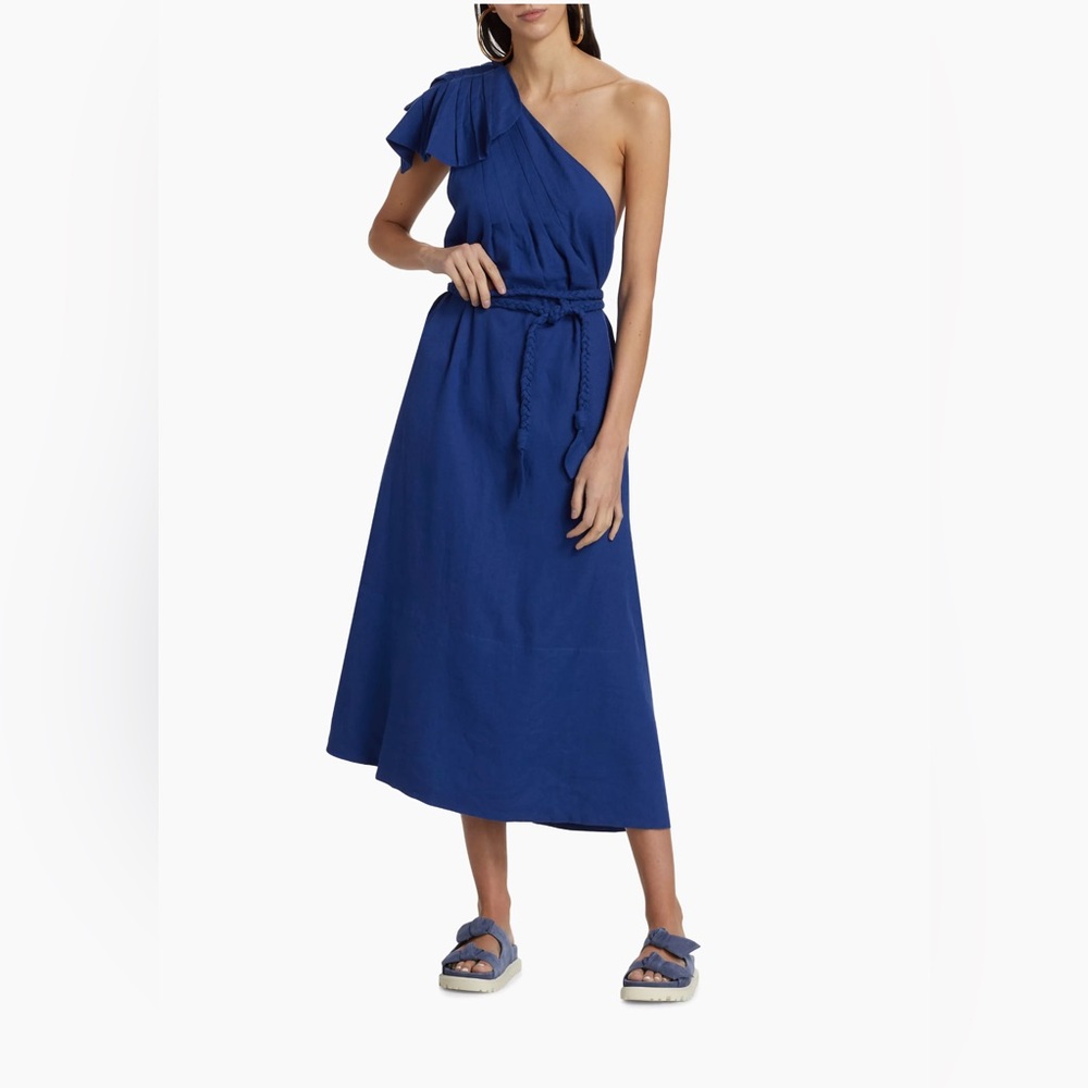 Farm Rio women's navy blue one shoulder leaf maxi dress size small tie waist NWT